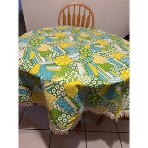 Vintage 60s-70s Patchwork Floral Round Tablecloth Fringe Trim Retro